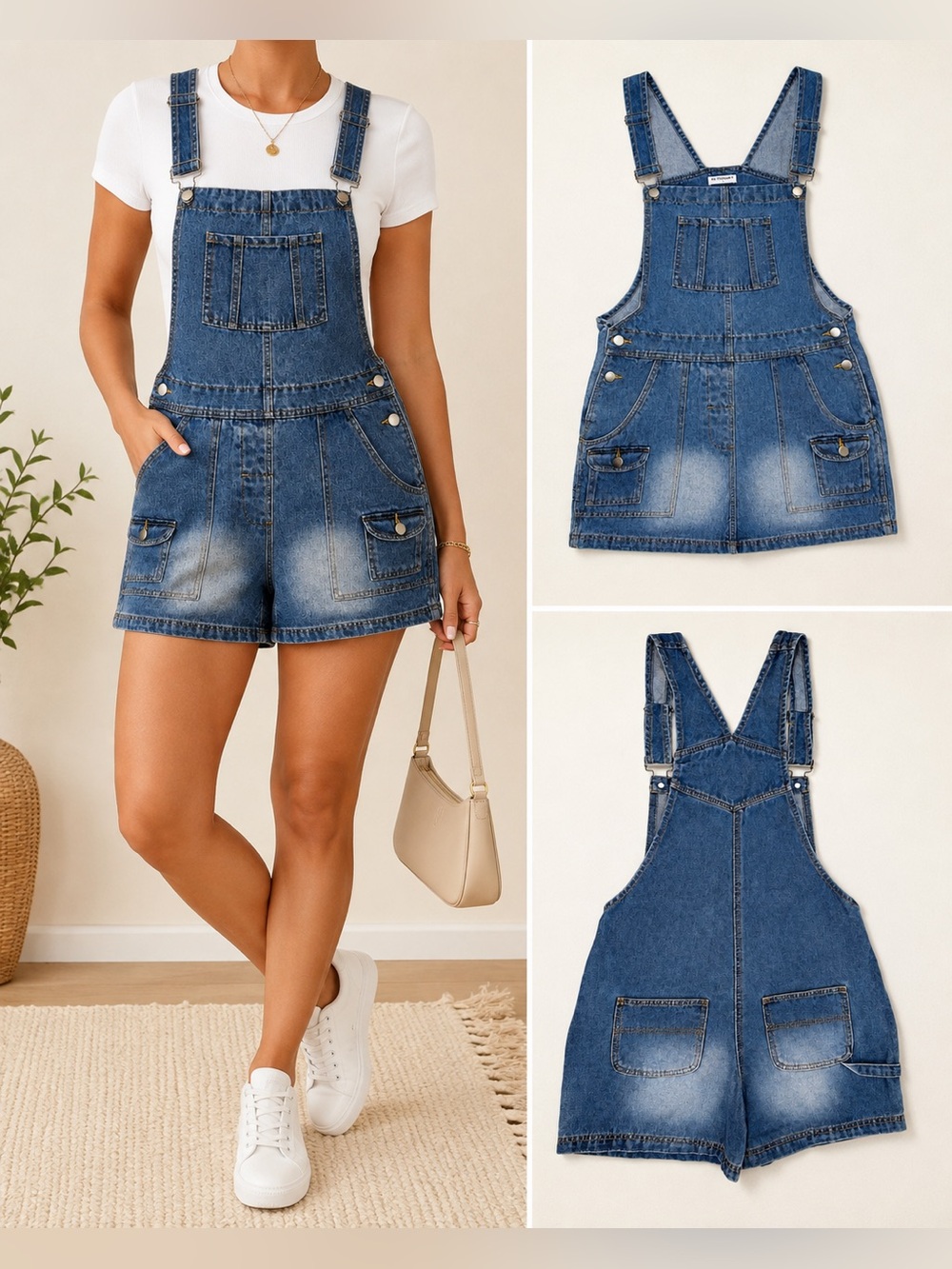 NY Trends Denim Short Overalls Blue Jean Shortalls Romper Adjustable Straps